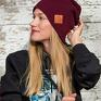 czapa logo z ekoskórki zadziorne - bordo beanie czapka dwustronna