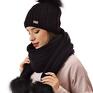 czapki: Komplet damski z pomponem i szal zimowy czarny C01 - ciepła