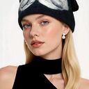 czapka wełniana filcowana zimowa czarna handmade w kwiaty na podszewce - rozmiar uniwersalny, weł