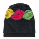 czapka wełniana filcowana zimowa czarna handmade w kwiaty na podszewce - rozmiar