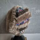 Futrzana czapka beż Góra patchworkowa folkowa na podszewce rozmiar na większą głowę 59cm -61cm, polec