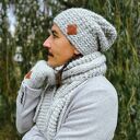 Męska czapka MERINO Neverland “Wybielony szary” podszewka JEDWAB