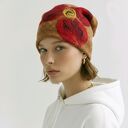 czapka wełniana filcowana zimowa ruda handmade w kwiaty na podszewce - rozmiar