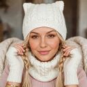 Ekskluzywny autorski komplet ręcznie robiony ZEFIRKA - czapka z uszkami kotka, komin