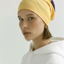 Czapka damska Smerfetka dzianinowa żółta z fioletową górą dobra na codzienne noszenie bez podszewki