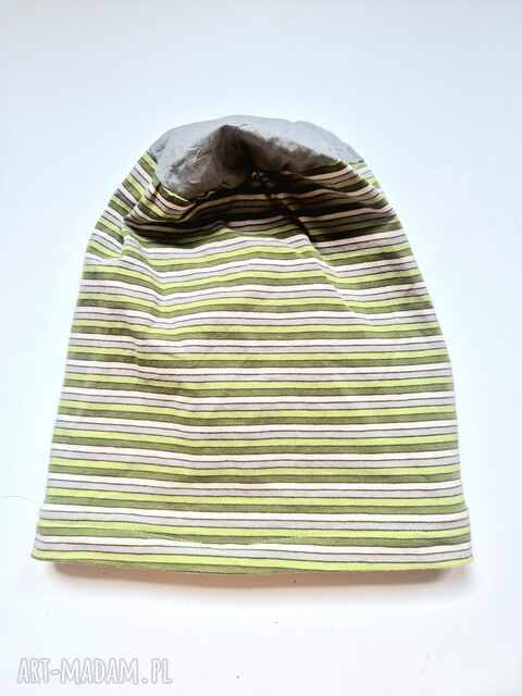 Czapka zielona w paski szara gora na podszewce wykonana w pojedynczym egzemplarzu Smerfetka, rozmiar