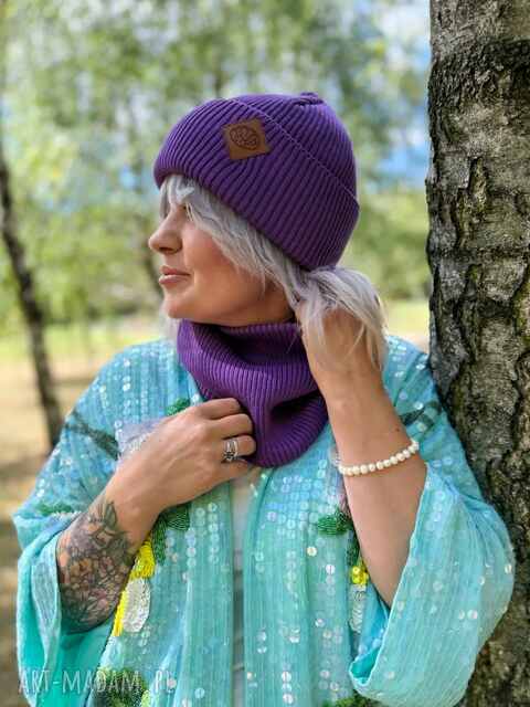 Bawełniana czapka beanie logo ekoskórka „Fiolet”