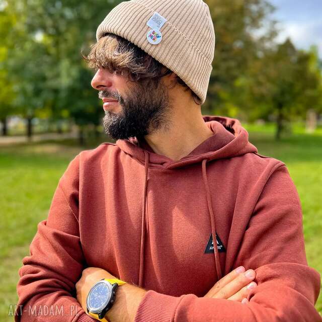 Męska czapka beanie z bawełny logo kolorowe Beżowy