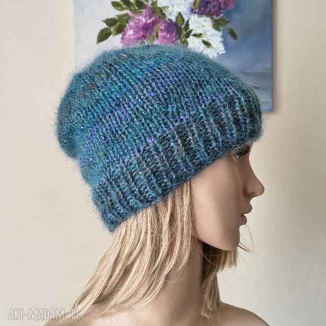 RĘCZNIE NA DRUTACH - Zimowe morze - miła, puchata czapka z merino, jedwabiem i moherem