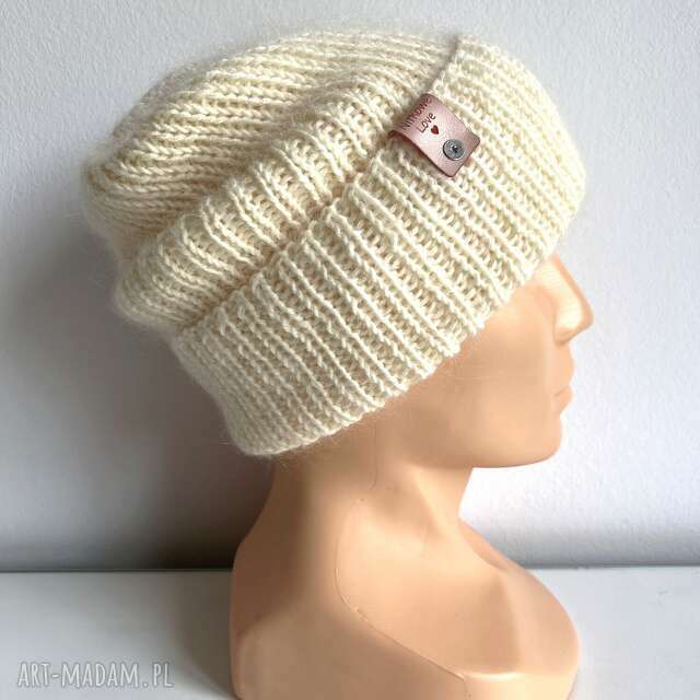 Ręcznie robiona czapka beanie AUREA 100% Baby Merino plus moher i jedwab 02/01 Ecru