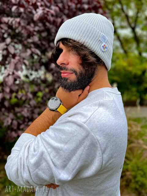 Męska czapka beanie z bawełny logo kolorowe „Jasny szary”