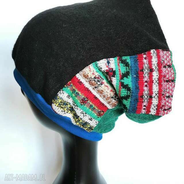 czapka turbanowa etno boho patchwork - na podszewce, rozmiar uniwersalny, lekko rozciągliwa, końcówkę