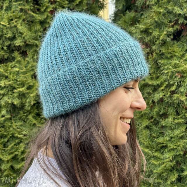 Ręcznie robiona czapka beanie AUREA 100% Baby Merino plus moher i jedwab 47/37 Morze Północne