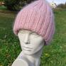 czapki: Moherowa pastel pink wywijana czapa zimowa jasny róż dziergana czapka