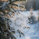 Szydełkowa śnieżynka ze złotymi cekinami - dekoracja okna o średnicy 20 cm