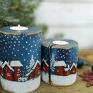 na święta prezenty Drewniane świeczniki z malowanym pejzażem - Zima w miasteczku - Ręcznie dekoracje świąteczne do postawienia