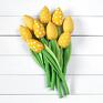 Bukiet bawełnianych, miękkich, nie więdnących tulipanów. 9 kwiatów w kolorze żółtym (wzór: kropki, kwiatki, zygzak) Liście. Dekoracje prezent