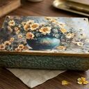 Turkusowa szkatułka decoupage z kwiatowym motywem