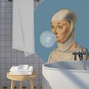 Mural DOTS Kobieta z gumą balonową - niebieska okrągła dekoracja ścienna ø 115 cm