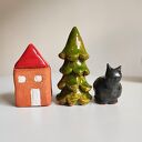 Figurki ceramiczne, choinka, domek, kotek - zestaw