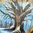 Drewniane serce z malowanym pejzażem - W cieniu starego dębu