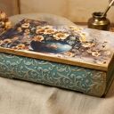 Turkusowa szkatułka decoupage z kwiatowym motywem