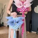 Niebieska sowa z makramy - boho dekoracja ścienna