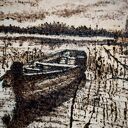 ŁÓDKA - PIROGRAFIA (22X23 CM) OBRAZ WYPALANY NA DREWNIE NATURA JEZIORO wyjątkowy, handmade