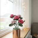 Flower box z 5 szydełkowymi różami i liśćmi w połyskującej różowej doniczce