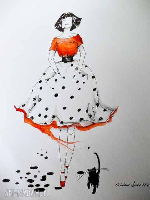 Praca akwarelą i piórkiem JA I MÓJ KOCI DRUH artystki plastyka Adriany Laube