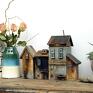 dodatki do domu dekoracje zestaw drewnianych domków - 4 szare i z drewna małe domki dekoracyjne