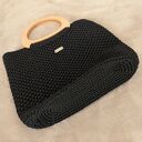 Torebka szydełkowa ze sznurka poliestrowego - czarna, handmade, do ręki z drewnianymi rączkami