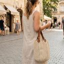 Torba Tulipan handmade do ręki - sznurek poliestrowy i naturalna skóra