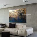 Duży obraz strukturalny 100x150 cm na płótnie - niebiesko-złota abstrakcja na pustą ścianę