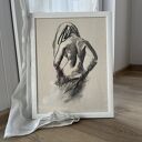 Szkic Kobiety 50x70 - czarno-biała grafika z węgla w drewnianej ramie