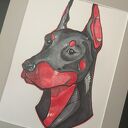 Portret dobermana - ręcznie wykonana grafika z passe - partout pop - art (24x30)