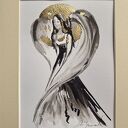 Ręcznie malowana i złocona grafika "Anioł" w kremowym passe-partout A4 21x30 cm