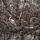 Linoryt "Poranek w namorzynach" grafika, obrazek