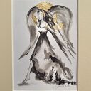 „Anioł” grafika w passe-partout 21x30 cm - ręcznie malowana i złocona