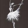 Malowana lekkimi pociągnięciami pędzla baletnica. Grafika wykonana białą temperą na czarnym, grubym papierze. Balet