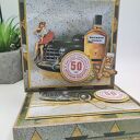Kartka na 50. urodziny dla mężczyzny retro z pudełkiem (sztalugowa, handmade)