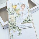 Kartka komunijna ręcznie robiona - z pudełkiem dla chłopca (scrapbooking 3D)