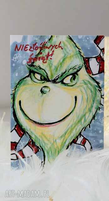 Ręcznie robiona kartka święteczna Grinch, zabawne życzenia świąteczne