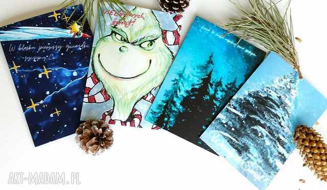 Zestaw kartek świątecznych, 4 kartki zabawne i poważne, piękne i humorystyczne życzenia