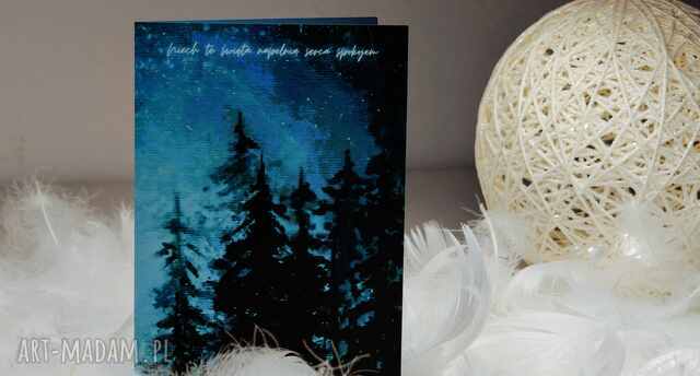Ręcznie robiona kartka świąteczna, niepowtarzalna z pięknymi życzeniami, nocny las, prezent