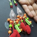 Klipsy boho czerwono-zielone frędzle - handmade