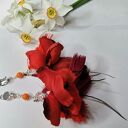 Klipsy etno boho wiszące z piórami i kwiatami - turkusowe klipsy handmade