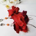 Klipsy etno boho wiszące z piórami i kwiatami - turkusowe klipsy handmade