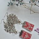Kolczyki ludowe folkowe ażury z czerwonym motywem - unikat handmade