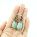 Wiszące kolczyki z amazonitem - miedziane wire wrapping, ręczne wykonanie